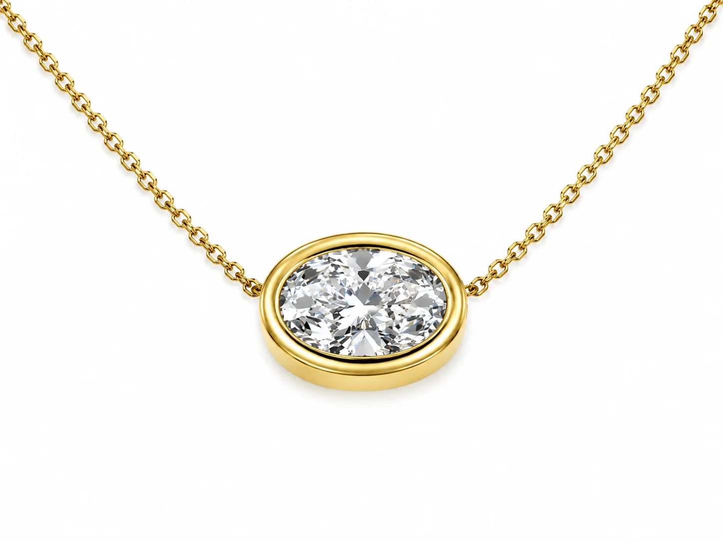 East-west bezel set lab-grown diamond pendant on a fine chain